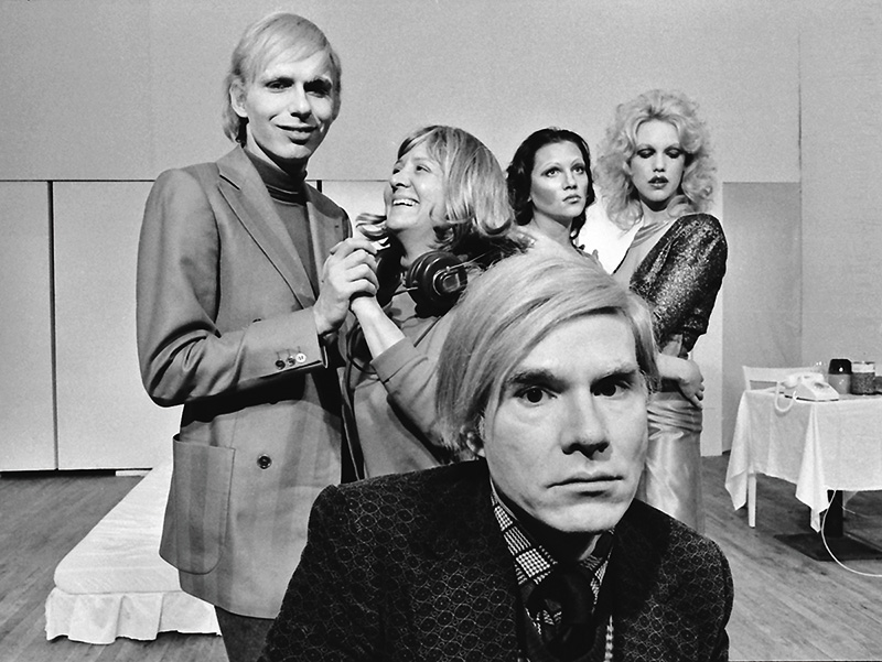 Andy Warhol with the cast of his play Pork, onstage at La MaMa Experimental Theatre Club, New York City, 1971 © Jack Mitchell/Getty Images