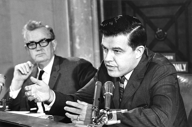 Frank Church speaking at a Church Committee hearing. Photograph courtesy the Frank Church Papers, Special Collections and Archives, Boise State University