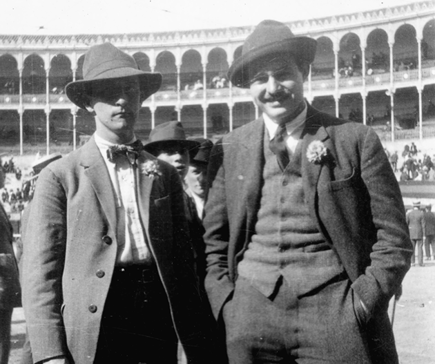 Ernest Hemingway with Robert McAlmon at the bullring in Madrid on Hemingway’s first trip to Spain, late May to early June, 1923.