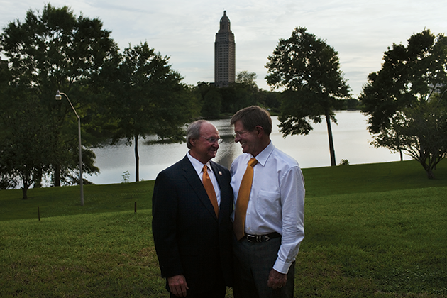 Don Briggs (right) and U.S. senator Robert Adley embrace at a cocktail party hosted by the Louisiana Oil and Gas Association (LOGA), one of the most influential lobby groups in the state. Briggs is the founder and president of LOGA, while Adley is a former board member of LOGA who until last year owned Pelican Gas Management. Adley  sponsored the energy industry’s 2012 legacy-lawsuit legislation in the upper chamber.