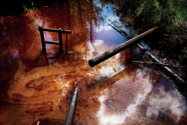 A pool contaminated with crude oil sits next to an abandoned oil-storage container in a forest near Jena © Samuel James