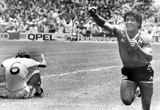 Argentina's Diego Maradona celebrates after scoring his second goal against England in the World Cup quarter final, in Mexico City, Mexico, on June 22, 1986. © AP Photo