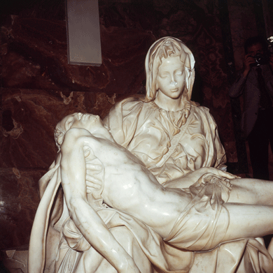 Michelangelo’s Pietà in St. Peter’s Basilica at the Vatican, following an attack by Laszlo Toth on May 21, 1972, that noticeably damaged the Virgin’s face © Scala/Art Resource, New York City