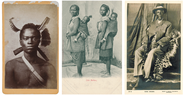 Left to right: Studio photograph of an unidentified man, South Africa, carte de visite, last third of the nineteenth century, by G. F. Williams; “Zulu Mothers,” postcard c. 1903 (photographer unknown), published by Sallo Epstein & Co., Durban, South Africa; “King Khama,” postcard c. 1920s (photographer unknown), published by Smart & Copley, Bulawayo, Zimbabwe. All courtesy The Walther Collection