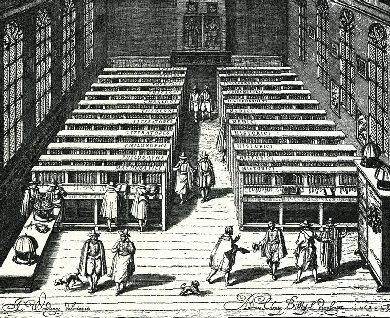 INTERIOR OF THE LIBRARY OF THE UNIVERSITY OF LEYDEN. From a print by Jan Cornelius Woudanus, dated 1610. Harper’s Magazine, April 1905