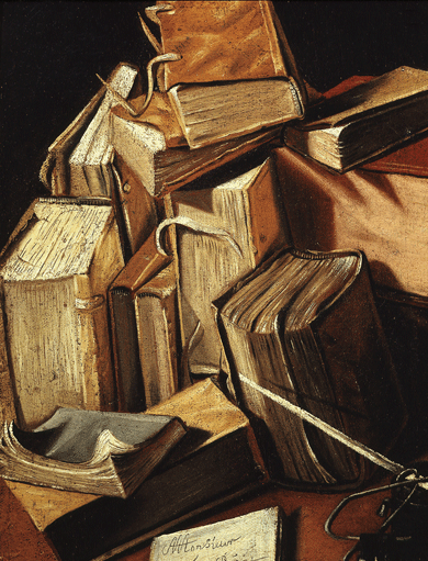 Still Life of Books (detail), by Charles Emmanuel Bizet d’Annonay © Gianni Dagli Orti/The Art Archive at Art Resource, New York City.
