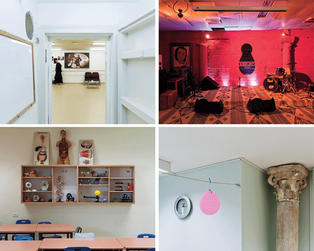 Photographs of bomb shelters in Israel, by Adam Reynolds. By law, all Israelis are required to have access to a bomb shelter, which are at times repurposed for other uses. Clockwise from top left: “Flamenco dance studio/public bomb shelter, Jerusalem”; “Pub/bomb shelter, Kibbutz Kfar Aza”; “Conference room/bomb shelter at the Bible Lands Museum, Jerusalem”; and “Science classroom in a secondary school designed to withstand rocket attacks, Sderot.” 