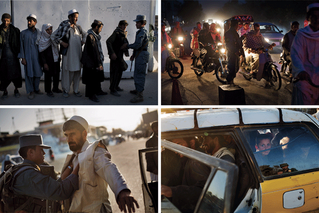 Clockwise from top left, at police checkpoints around Kandahar: Taxi passengers wait to be searched April 26, 2014. A member of the Afghan National Police searches motorists and pedestrians, May 1, 2014. Police search cars, April 26, 2014. A police officer frisks a taxi passenger, April 26, 2014.