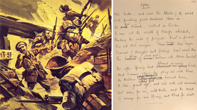Left: Wilfred Owen in the First World War, by Gerry Wood © Look and Learn/ Bridgeman Images. Right: An early draft of Owen’s “1914” © The English Faculty Library, University of Oxford/The Wilfred Owen Literary Estate