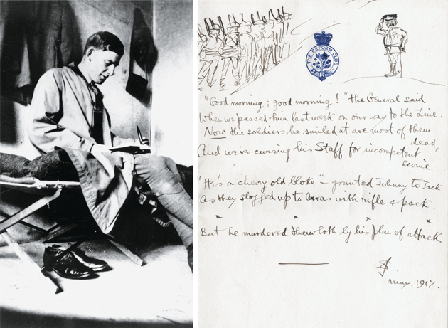 Left: Siegfried Sassoon in uniform during World War I © The Art Archive. Right: An early draft of Sassoon’s “The General” © The author/The estate of George Sassoon