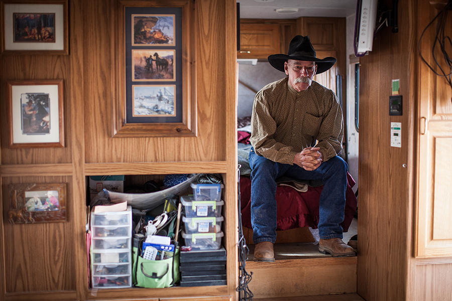 Workamper, blogger, author, and former cowboy Brian Gore in his RV in the desert outside Quartzsite