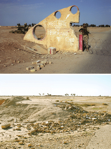 Marines guard the entrance to an occupied Iraqi base near Jassan in 2003 (above), and the site in 2013 (below)
