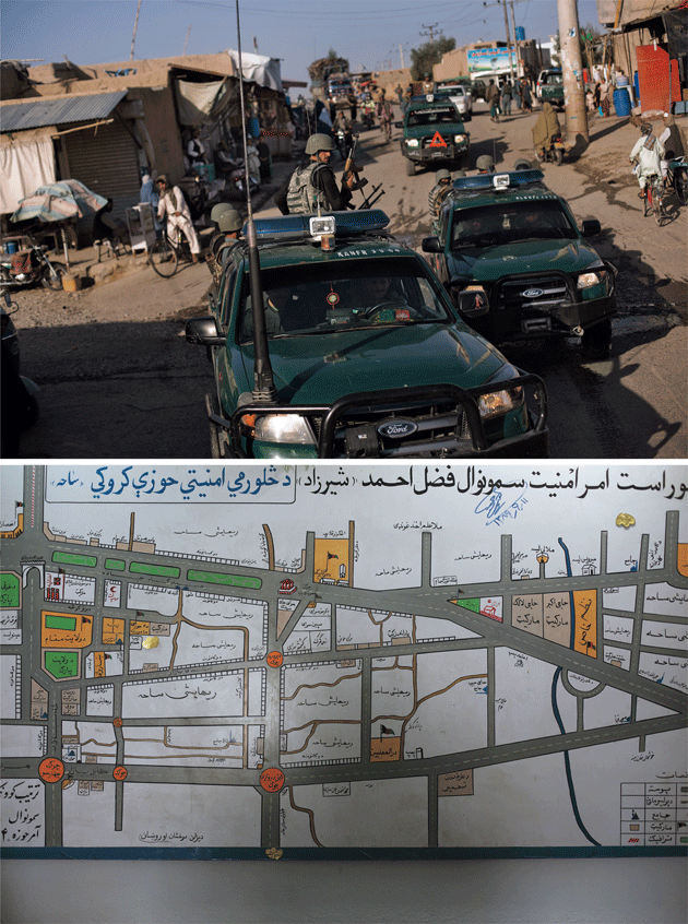 Top: Police officers patrol Kandahar’s Police Subdistrict 4, April 28, 2014. Bottom: A hand-painted map of Subdistrict 4 hangs on the wall of the commander’s office in central Kandahar, April 28, 2014.