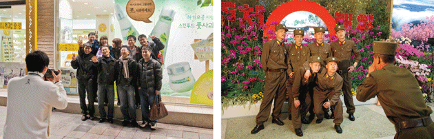 “Photo-opportunity in Insa-dong, Seoul” and “Photographing Soldiers at the Kimilsungia–Kimjongilia Exhibition Hall, Pyongyang,” by Dieter Leistner, from Korea–Korea, published last year by Gestalten.
