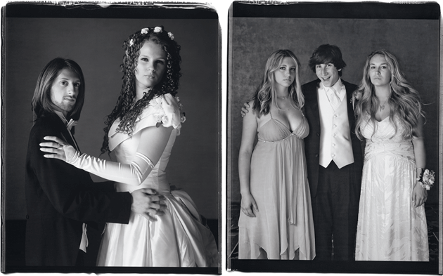 “Michael Glorioso and Eliza Wierzbinska, Tottenville High School, Staten Island, New York, June 16, 2006” and “Katie Barcay, Zack Goldman, and Mary Amato, Harvard-Westlake School, Los Angeles, May 17, 2008,” by Mary Ellen Mark, from her monograph Prom (The J. Paul Getty Museum)