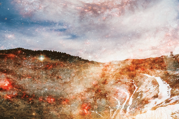 Composite photographs by Tatiana Gulenkina. The Open Cut at the Homestake Gold Mine, Lead, South Dakota, (Tatiana Gulenkina) and the Whirlpool Galaxy (NASA)