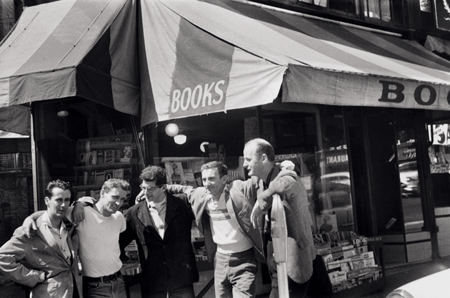 Left to right: Bob Donlin, Neal Cassady, Allen Ginsberg, Robert LaVigne, and Lawrence Ferlinghetti in 1956 outside City Lights Bookstore, in San Francisco © Allen Ginsberg/CORBIS