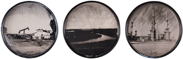 “Signal Hill, Los Angeles, California 2015,” “Exxon, Baytown, Texas 2014,” and “Navajo Refinery, Artesia, New Mexico 2014,” wet-plate collodion tintypes on fifty-five-gallon oil-drum lids by David Emitt Adams, whose work was on view in April at AIPAD, in New York City. Courtesy the artist and Etherton Gallery, Tucson, Arizona