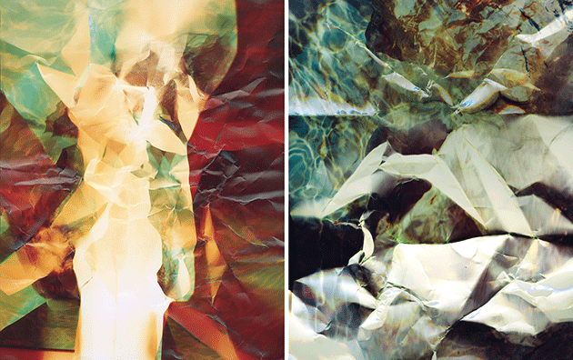 “Eclipse #2” and “Eclipse #1,” crumpled and exposed photographic papers by Karine Laval. Courtesy the artist