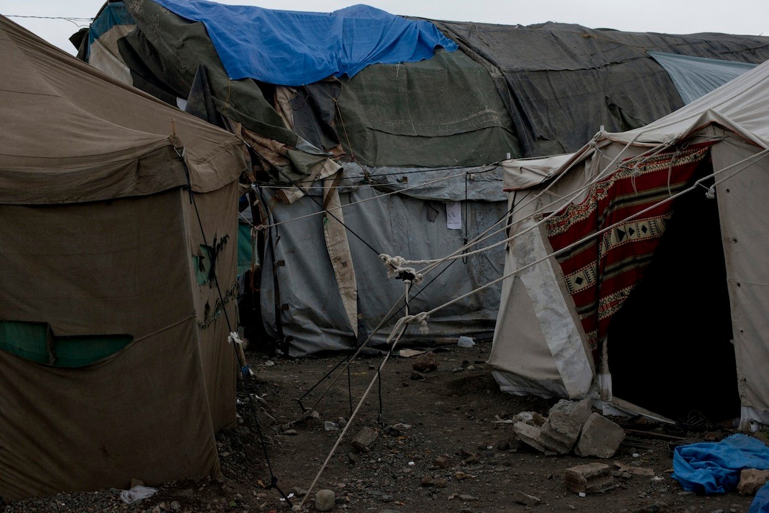 Tents sit knotted together at a protest camp outside Sana'a. 