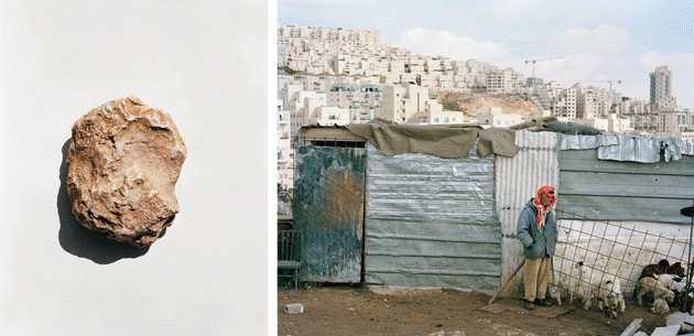 Left: A rock from Deir Yassin, a Palestinian-Arab village that was attacked on April 9, 1948, by Jewish paramilitary fighters who were attempting to break an Arab blockade of nearby Jerusalem. Right: Said Zawahari, seventy-four, a Palestinian shepherd, outside his small farm. Behind him is the vast Jewish settlement of Har Homa, in the West Bank. Photographs by Zed Nelson