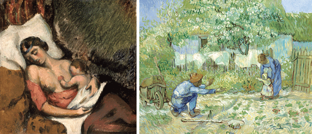 Left: Hortense Nursing Paul, by Paul Cézanne © Sotheby’s/akg-images Right: First Steps, After Millet, by Vincent van Gogh © The Metropolitan Museum of Art, New York City/Art Resource, New York City