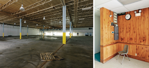Left: Floor of the former Bobs Candies factory, which closed in 2005. Right: Entrance to the Bobs Candies factory