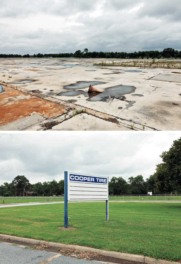Top: Site of the former Cooper Tire factory. Bottom: Sign outside the former Cooper Tire factory