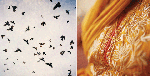 Left: Birds fly over Doongerwadi in the early evening. Right: A Parsi woman wearing a fravahar pendant