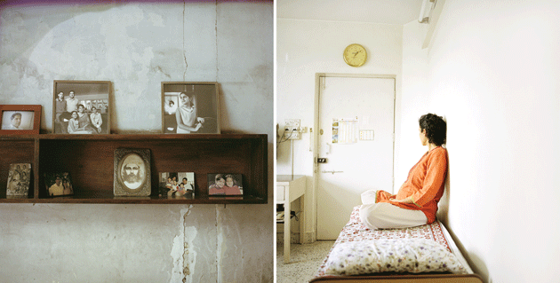 Left: Family photos in a Parsi home. Right: Parveen Pavri (not her real name) in the living room of her apartment