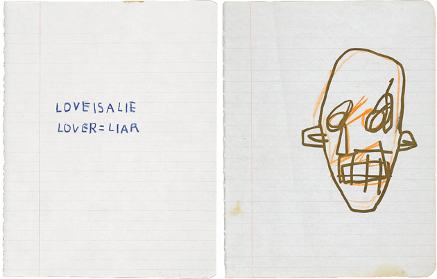 Left: Untitled notebook page, circa 1987, wax crayon on ruled notebook paper. Right: Untitled notebook page, 1980–81, metallic ink and wax crayon on ruled notebook paper. All artwork by Jean-Michel Basquiat; licensed by Artestar, New York City; © The Estate of Jean-Michel Basquiat