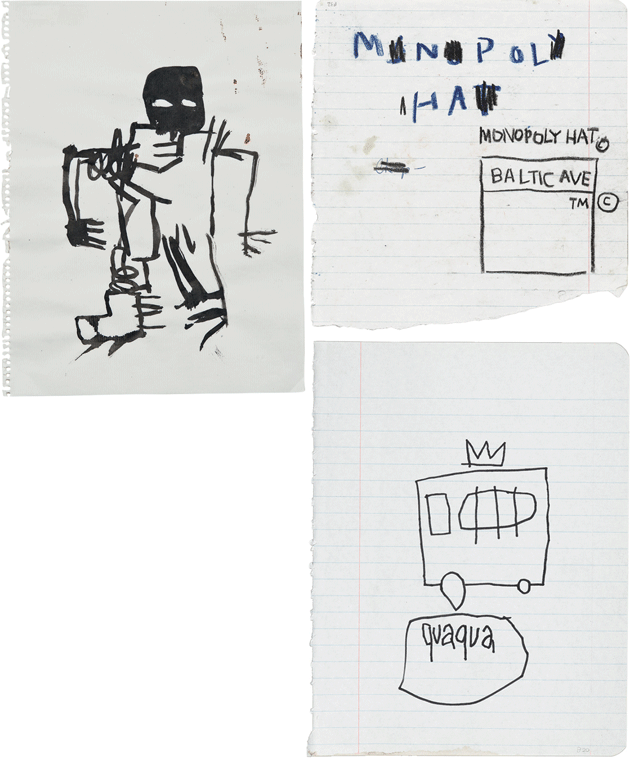 Clockwise from top left: Untitled (Ink Drawing), 1981, sumi ink on paper; untitled notebook page, 1981–84, wax crayon on ruled notebook paper; untitled notebook page, 1980–81, ink on ruled notebook paper