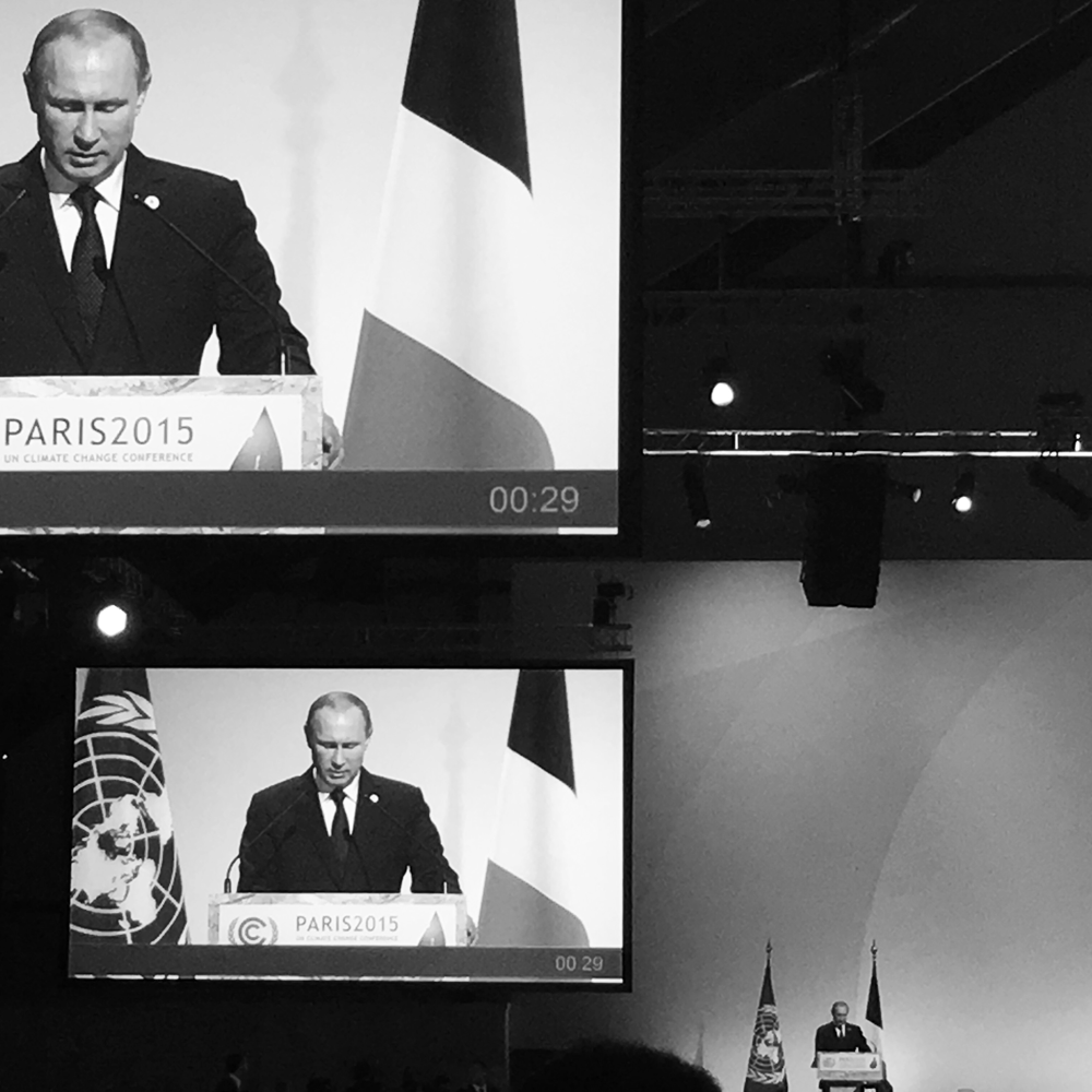 Russian president Vladimir Putin speaking at the Paris climate summit