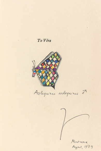 Right: A copy of Nabokov’s Look at the Harlequins! inscribed by the author to his wife, 1974 © The estate of Vladimir Nabokov, used by permission of The Wylie Agency LLC. Courtesy Division of Rare and Manuscript Collections, Cornell University Library