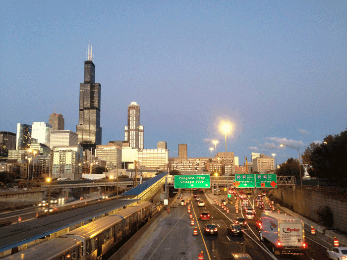 A view of Chicago and the Dwight D. Eisenhower Expressway from the UIC-Halstead transit stop.