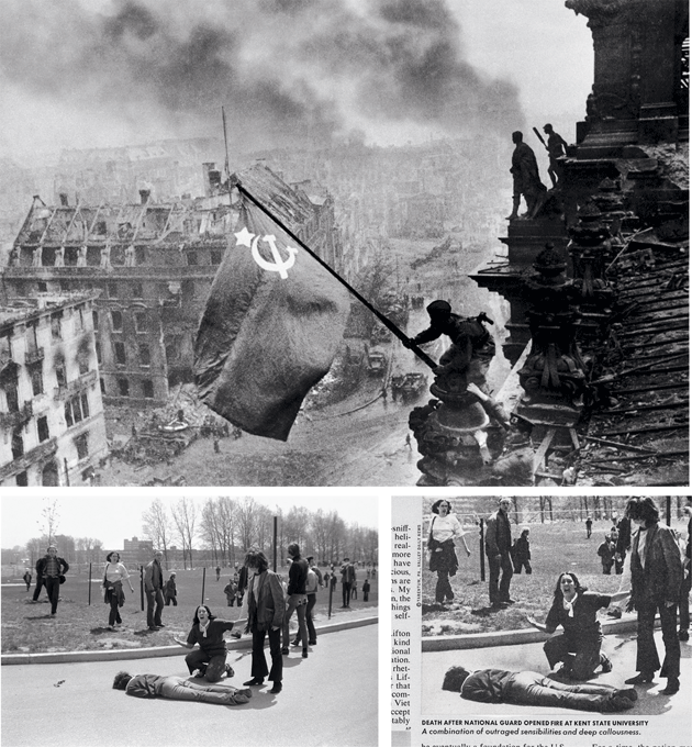 Top: “Raising a Flag over the Reichstag,” 1945 © Yevgeny Khaldei/Corbis. Bottom: John Filo’s original photograph of the Kent State protest © John Filo/Getty Images (left), and the altered version as it appeared in the November 6, 1972, edition of Time (right)