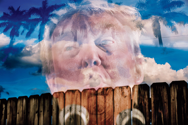 Donald Trump speaking at a press conference in Milford, New Hampshire, before a rally; a fence enclosing a housing community in Homestead, Florida, home to a large number of undocumented immigrants. All multiple-exposure photographs by Mark Abramson for Harper’s Magazine, from his series Two Face