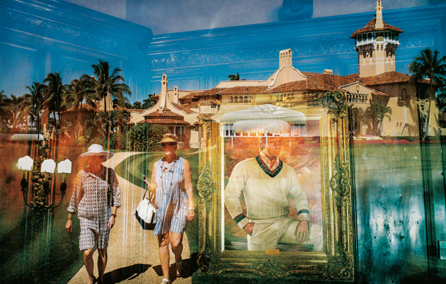 Members of Mar-a-Lago walking along the club’s lawn; a portrait of Donald Trump, painted by Ralph Wolfe Cowan, hanging in a bar inside the club