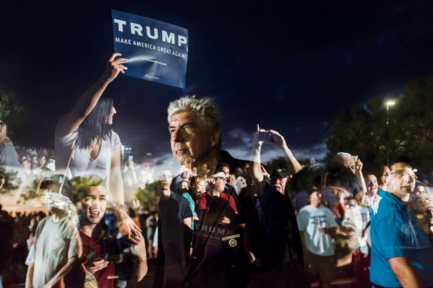 Donald Trump Junior at a Trump rally at the Sunset Cove Amphitheater in Boca Raton, Florida, on March 13; Trump supporters at the rally