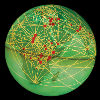Refugee (Republic) Network, 2016. A worldwide network, connecting refugee camps via various technologies, could facilitate a global, experimental, supraterritorial state for refugees to represent themselves. All artwork by Ingo Gu?nther from World Processor, an ongoing series of globes that visualize environmental, economic, and geopolitical phenomena