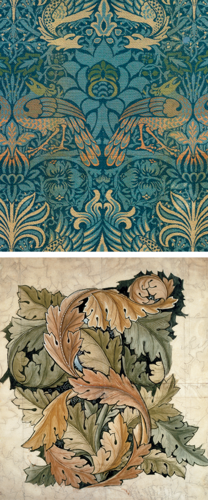 Top to bottom: A woodblock print of William Morris’s Peacock and Dragon textile design, 1878 © GraphicaArtis/Bridgeman Images; design, in watercolor and pencil, for Morris’s Acanthus wallpaper, 1874 © V&A Images, London/Art Resource, New York City