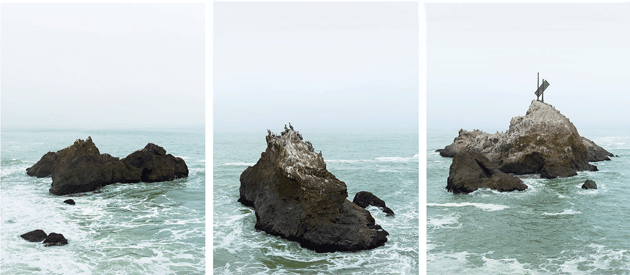 A triptych photograph of Mussel Rock, the epicenter of the 1906 San Francisco earthquake, near Pacifica, California, by Josef Jacques. Courtesy the artist