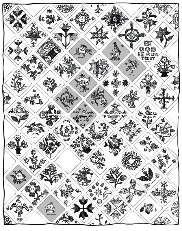 Illustration of a Mormon quilt by Samantha Van Gerbig. Courtesy Alfred A. Knopf