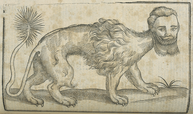 Illustration of a manticore, 1658, by Edward Topsell, collected in Charlotte Sleigh’s The Paper Zoo: 500 Years of Animals in Art, which will be published in March by the University of Chicago Press and the British Library