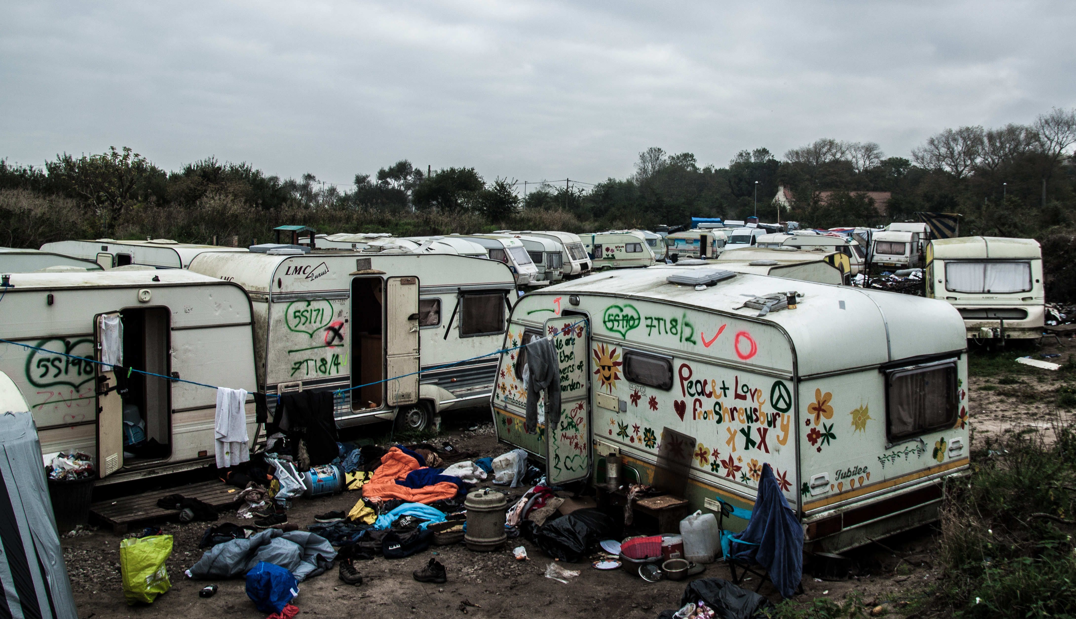 Trailers housing refugees in Calais, after the camp was demolished. Photograph by Paul Lorgerie