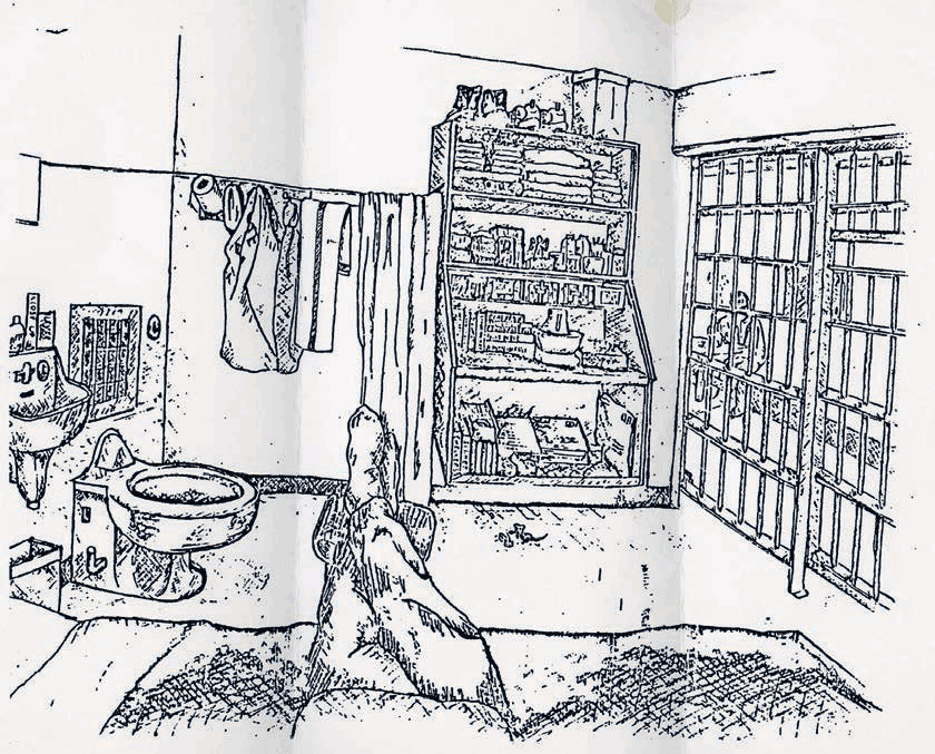 Sketch of a cell by a man who has been on death row for more than thirteen years, from Black Is the Day, Black Is the Night, a self-published book by the photographer Amy Elkins. Courtesy Amy Elkins