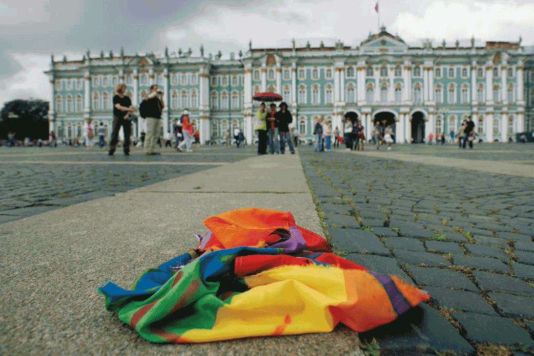 A torn flag on the ground at a gay-rights demonstration in St. Petersburg, Russia, August 2, 2013 © Roma Yandolin/Getty Images