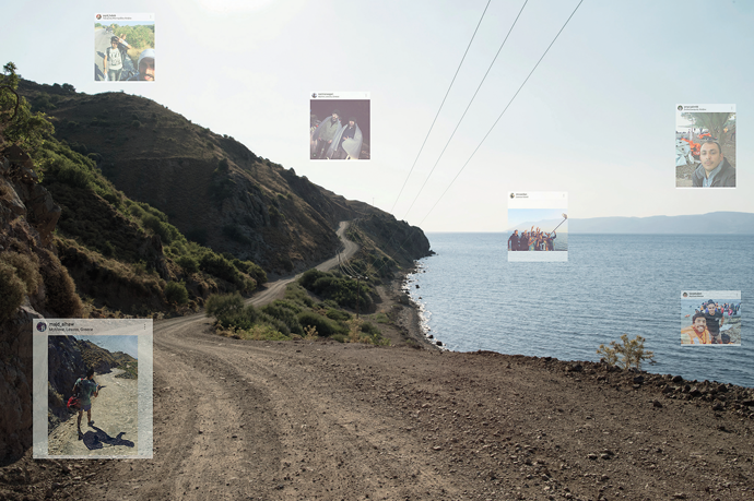 Lesbos, Greece, 39°22’44.5" N, 26°14’46.9" E, a still from Traces of Exile, a mixed-media installation by Tomas van Houtryve. Inspired by an augmented-reality app that layers a smartphone camera’s view with nearby social-media posts, the artist captured Instagram selfies posted by refugees on their journeys through Turkey, Greece, and elsewhere in Europe in 2017 and juxtaposed the images over footage of the locations where the social-media posts were created. © Tomas van Houtryve/VII