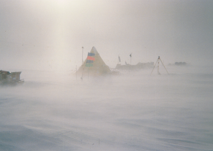 Photograph of the ANSMET campsite at Graves Nunataks, 1998–99 season. Courtesy ANSMET/Nancy L. Chabot