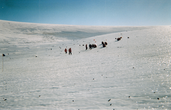 Photograph of a meteorite foot-search showing flags that mark the locations of collected specimens. Courtesy ANSMET/Nancy L. Chabot